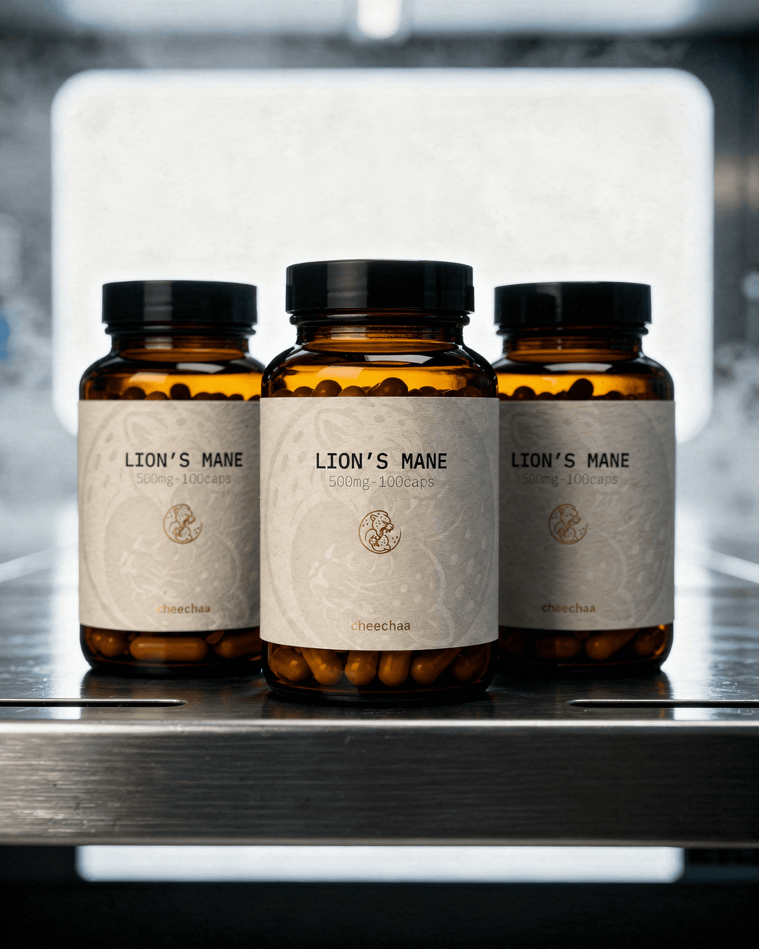 cheechaa supplement bottles grouped on a linen surface