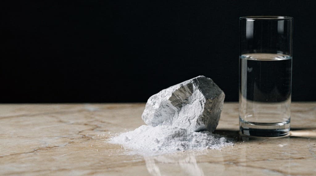 Een ruw magnesiumkristal, wit magnesiumpoeder en een glas water op marmer