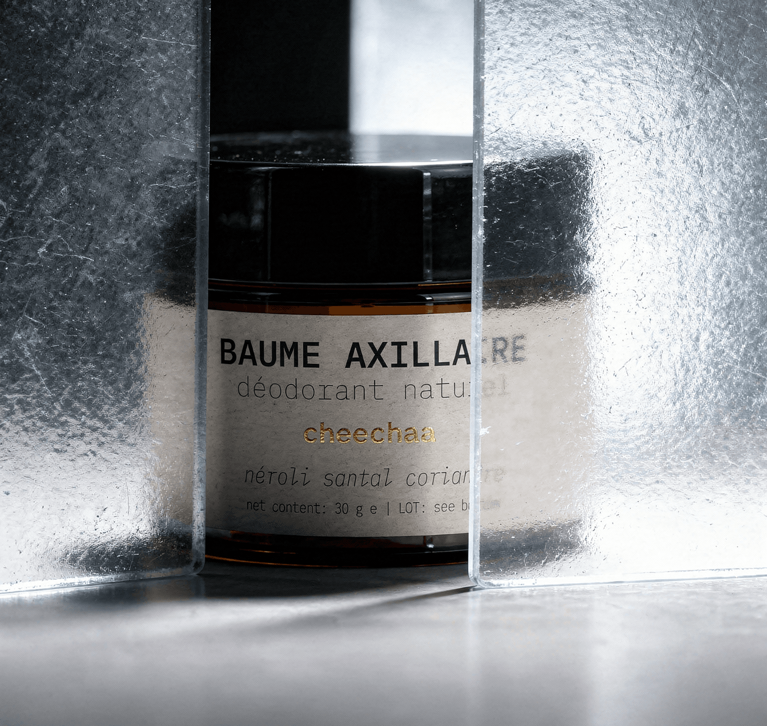 cheechaa BAUME AXILLAIRE néroli santal coriandre balm open beside sandalwood and coriander