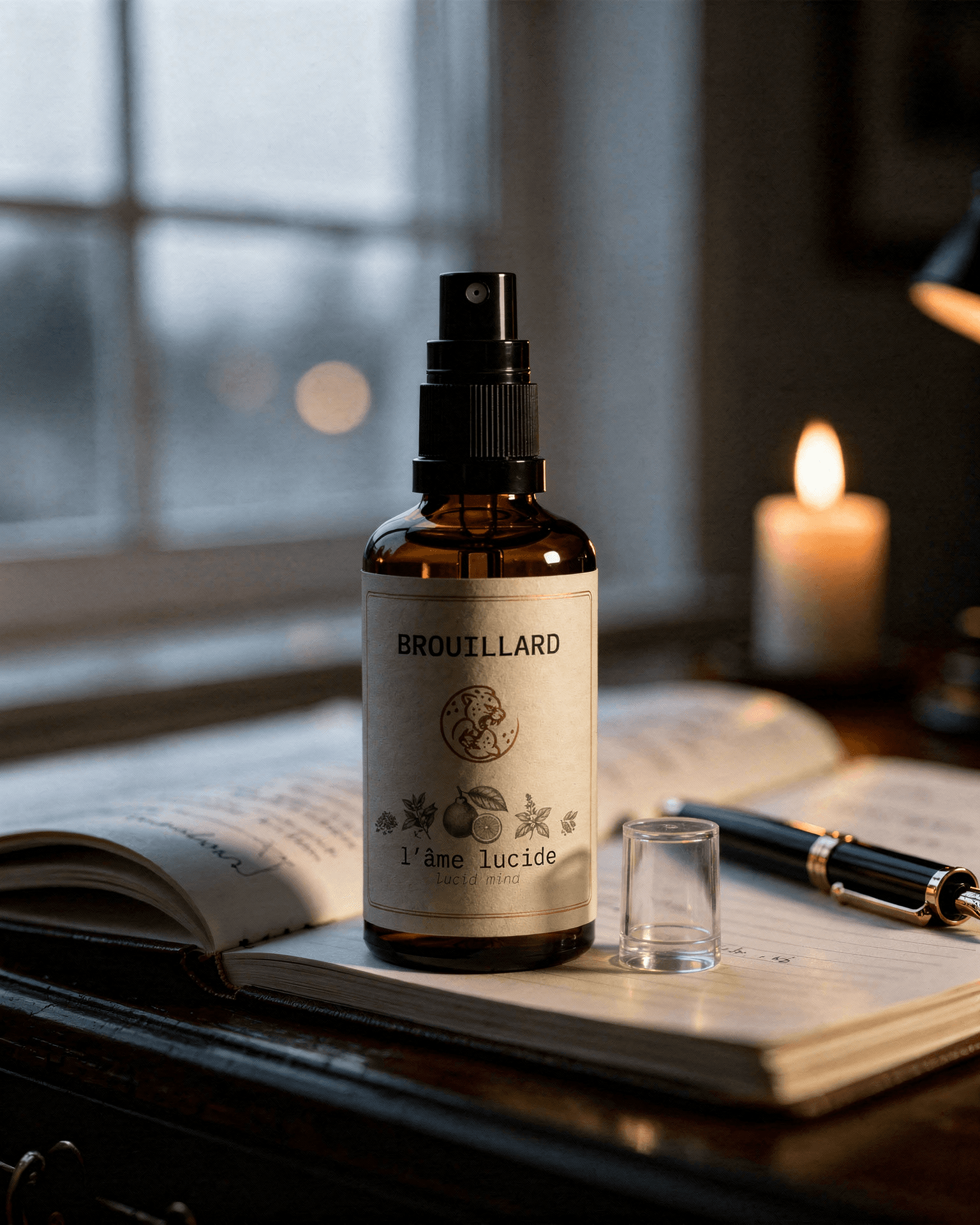 cheechaa BROUILLARD l'âme lucide room spray on a bright windowsill with green light