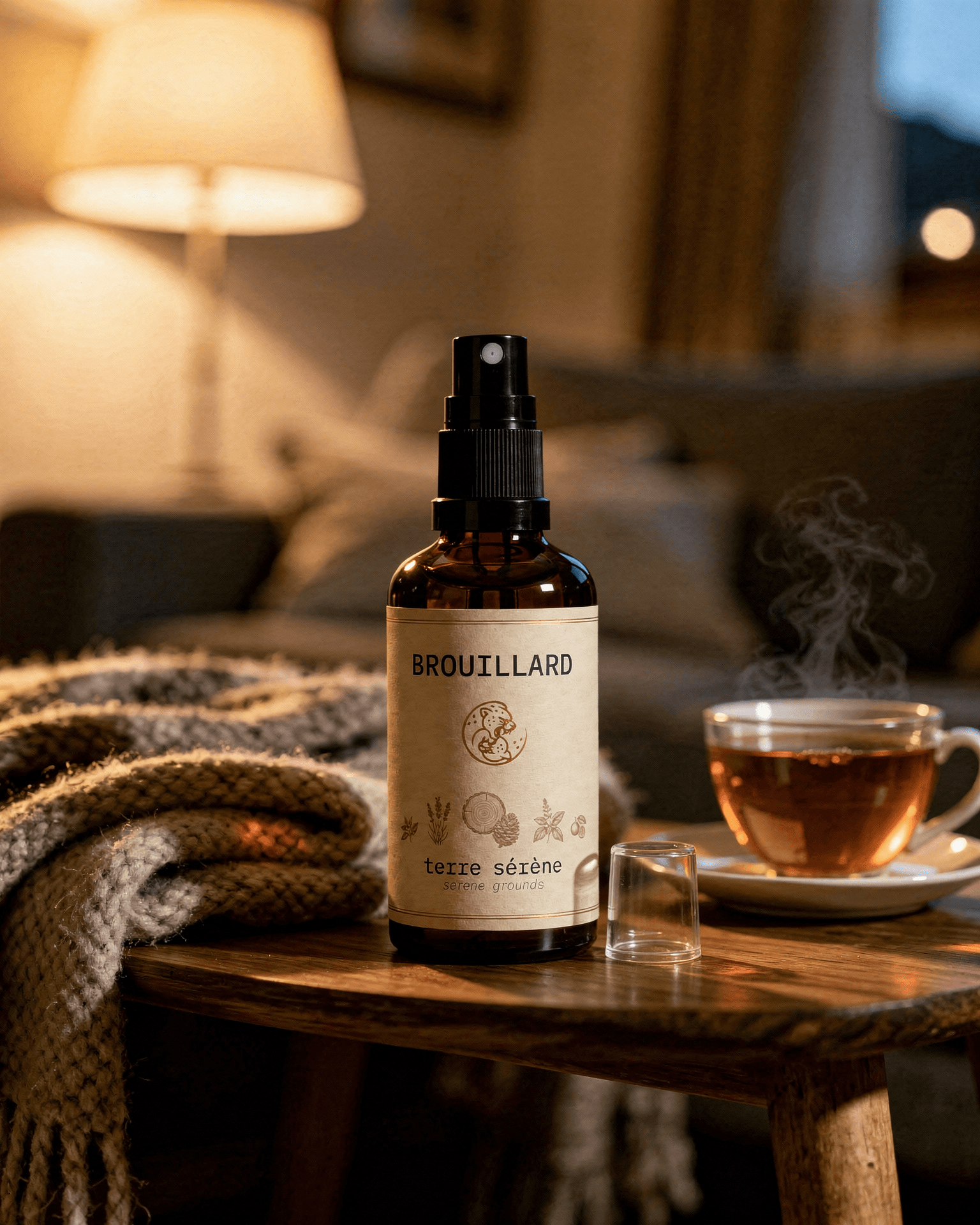 cheechaa BROUILLARD terre sèrene room spray on wood with dried botanicals