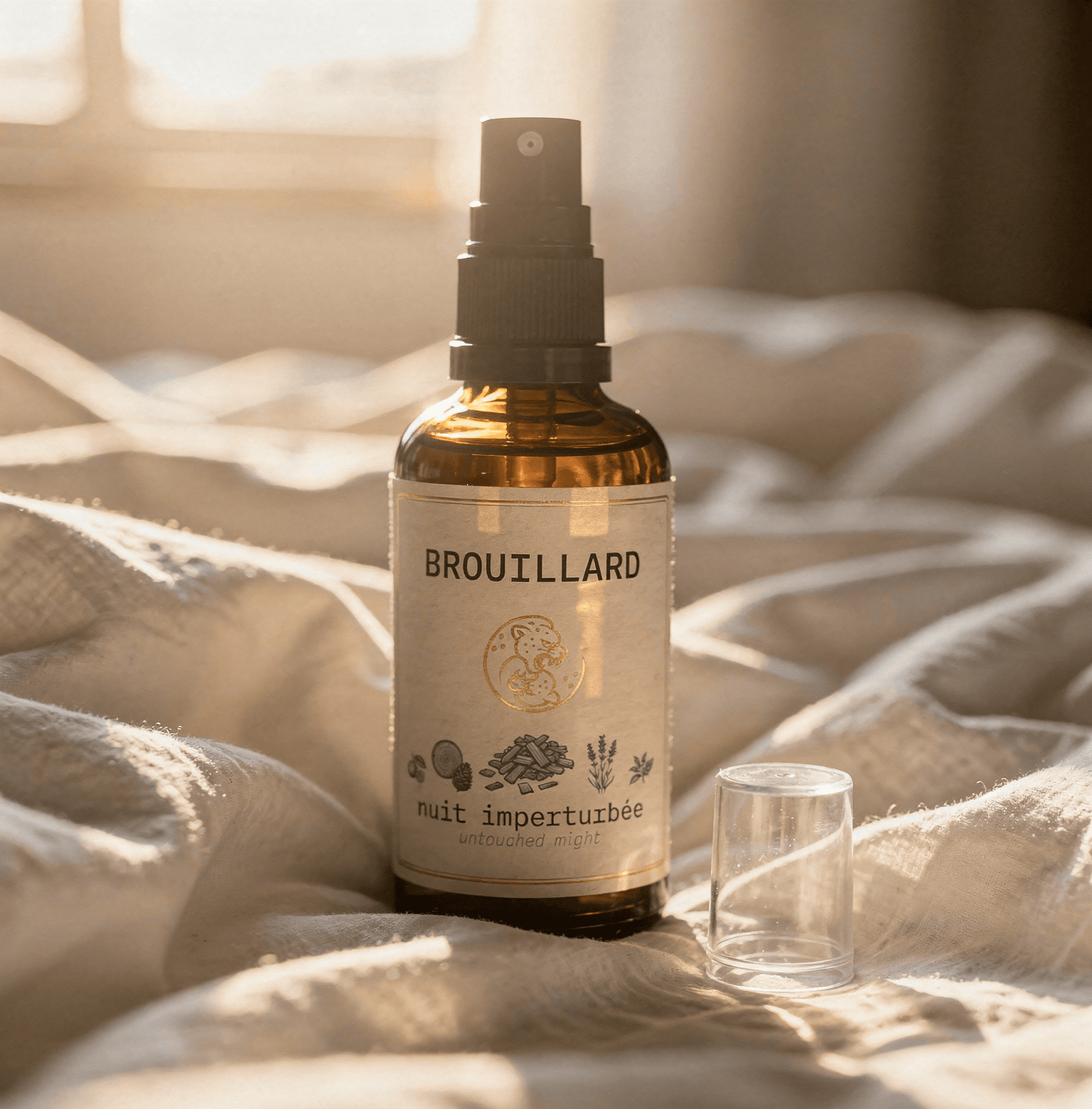 cheechaa BROUILLARD nuit imperturbée room spray in low evening light on dark wood