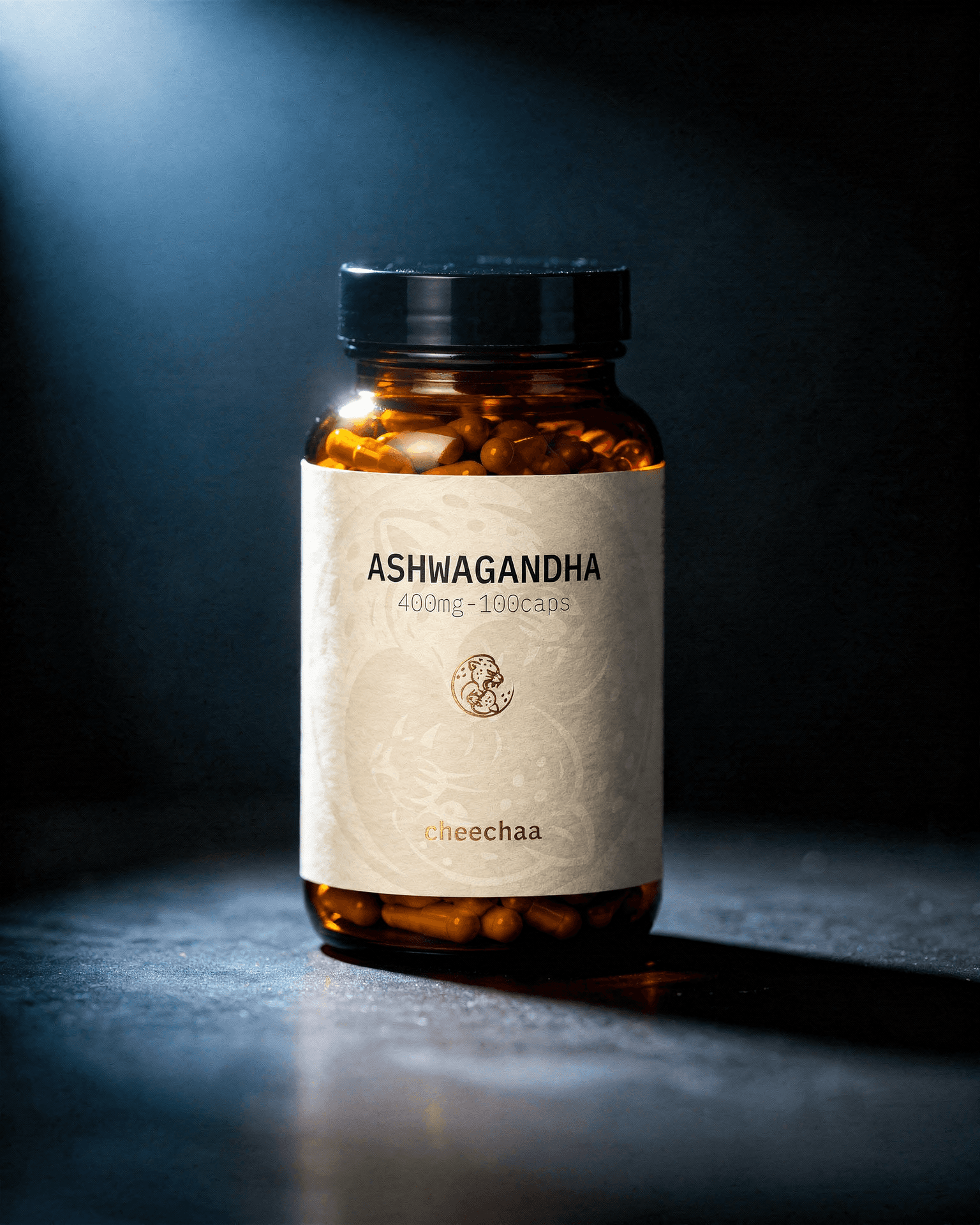 cheechaa ashwagandha supplement jar on warm stone with dried root