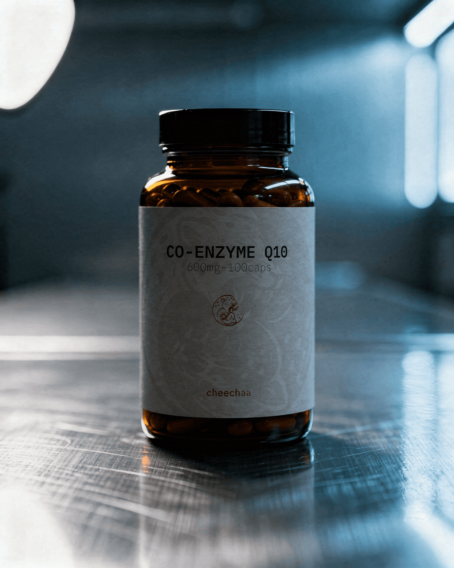 cheechaa co-enzyme q10 supplement jar on a clean desk with soft daylight