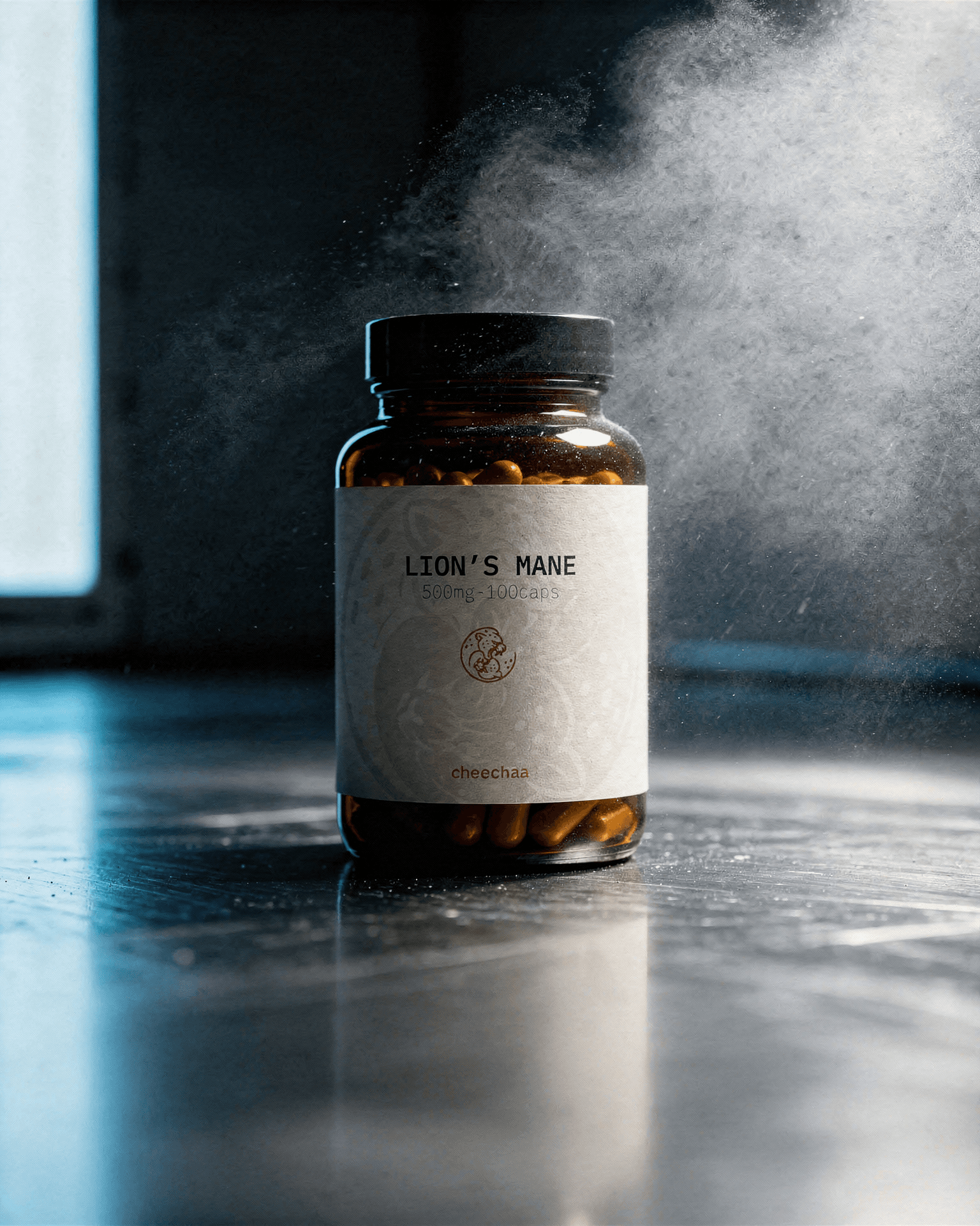 cheechaa lion's mane supplement jar among dried mushrooms and botanicals