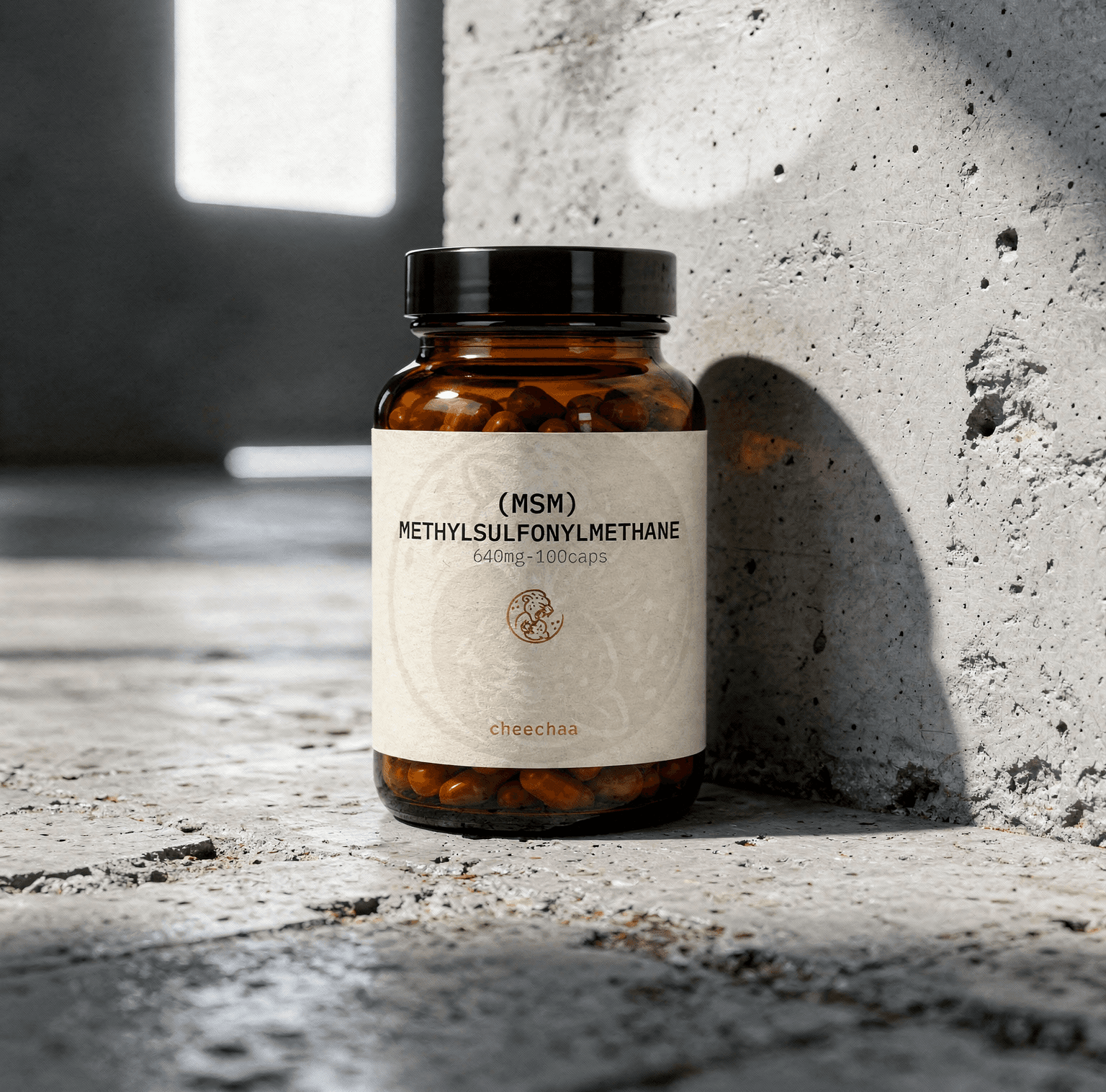 cheechaa msm supplement jar on a light mineral surface