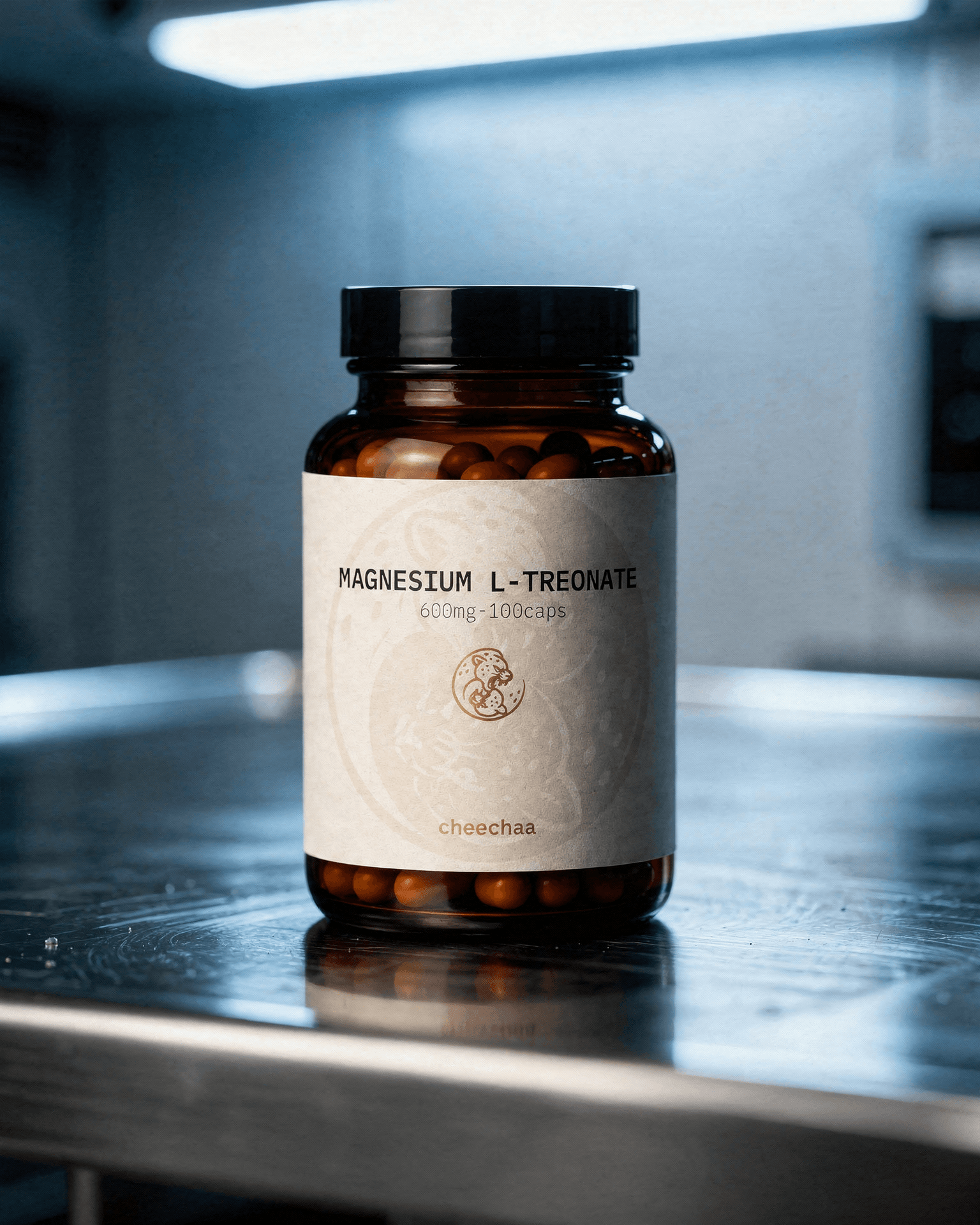 cheechaa magnesium l-threonate supplement jar on a morning desk with soft light